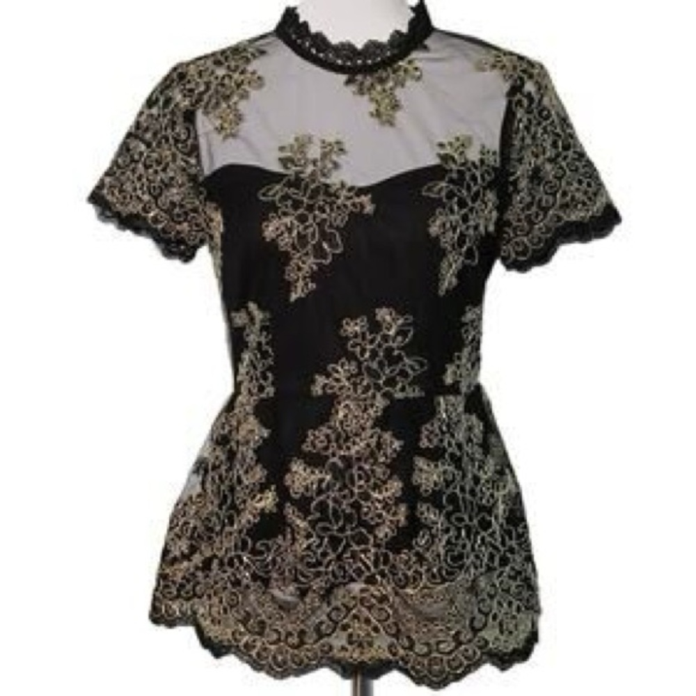 Ina Black Lace High Neck Peplum Top with Gold Embroidery, Medium